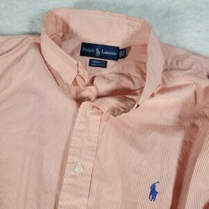 Ralph Lauren Yarmouth Shirt Mens 17.5 34/35 Orange White Striped Button Down